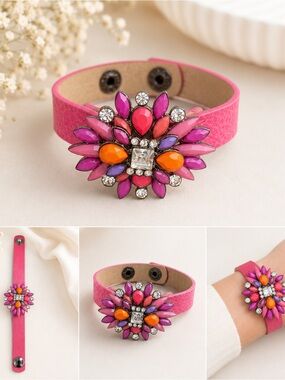 Cara New York Pink Leather Floral Statement Cuff Bracelet with Crystal Accents